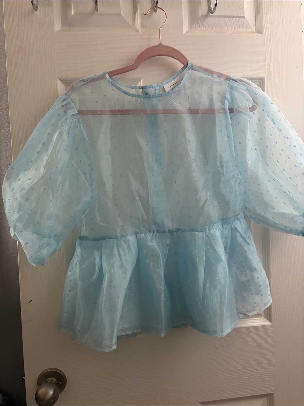 Topshop Light Blue Sheer Puff-Sleeve Peplum Blouse